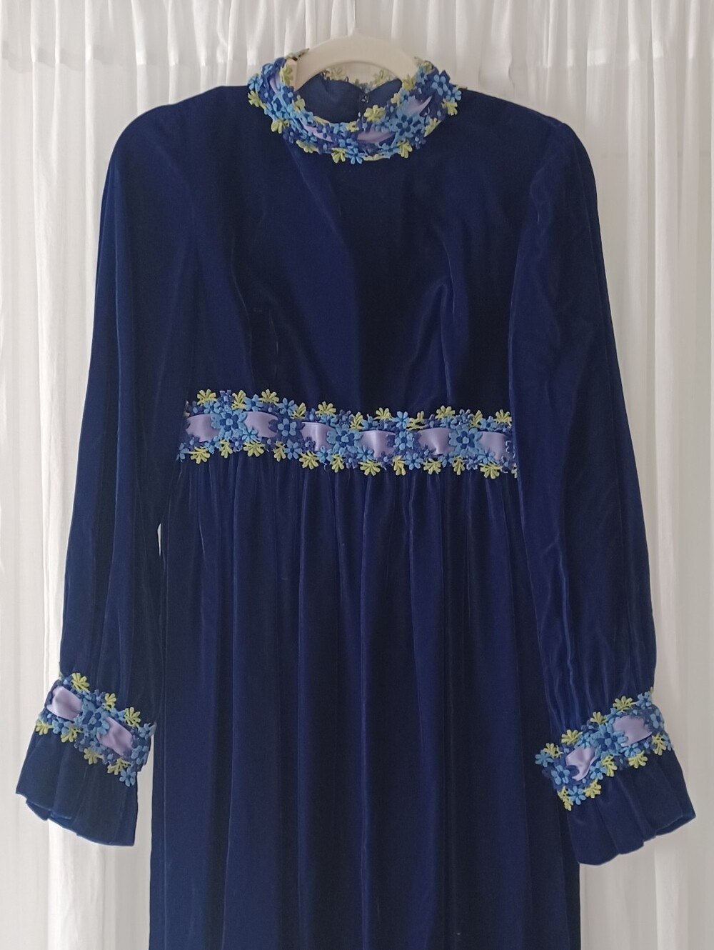 Vintage Navy Velvet Floral Trim Maxi Dress